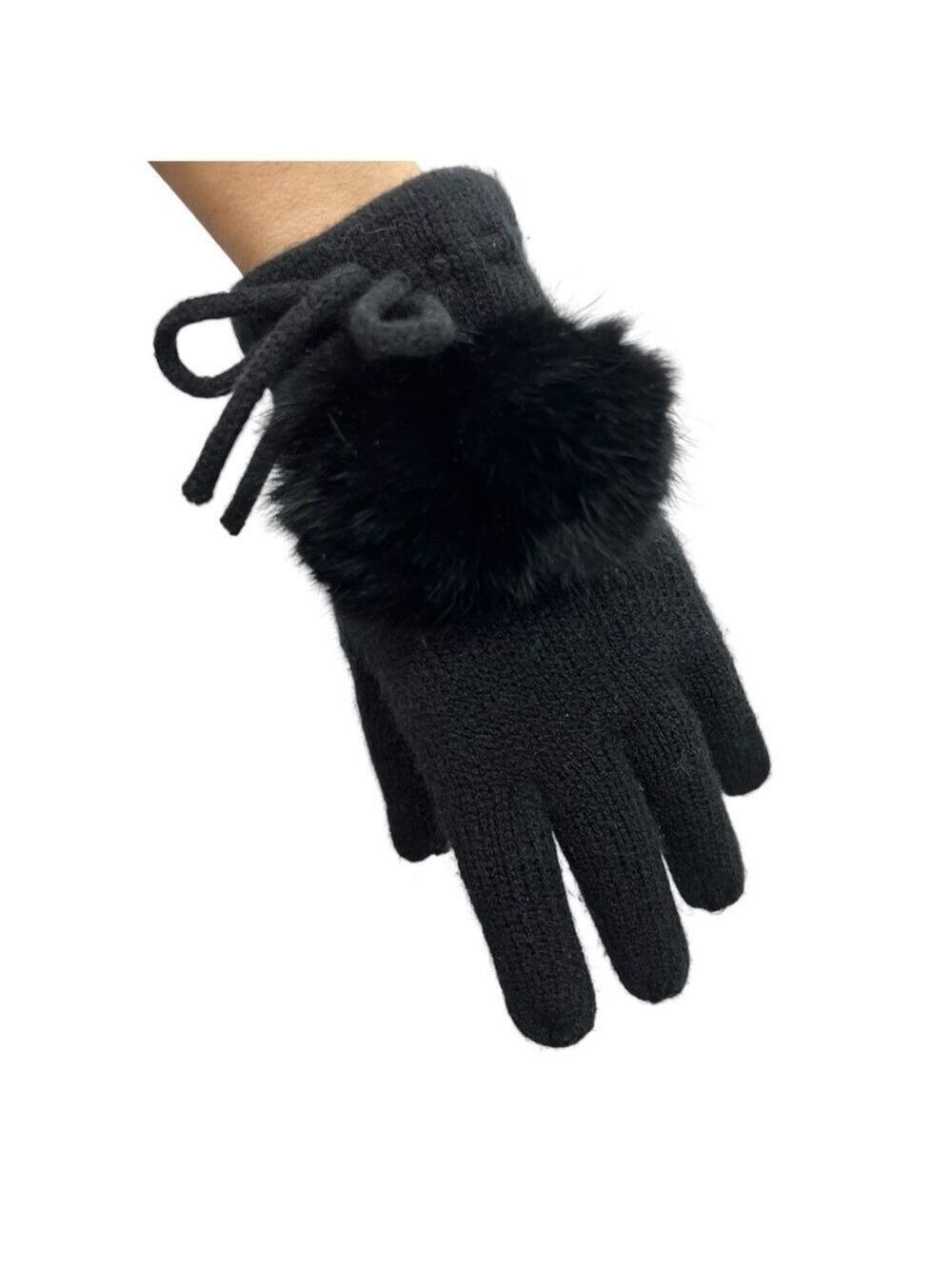 Black knit genuine rabbit fur pom pom winter gloves